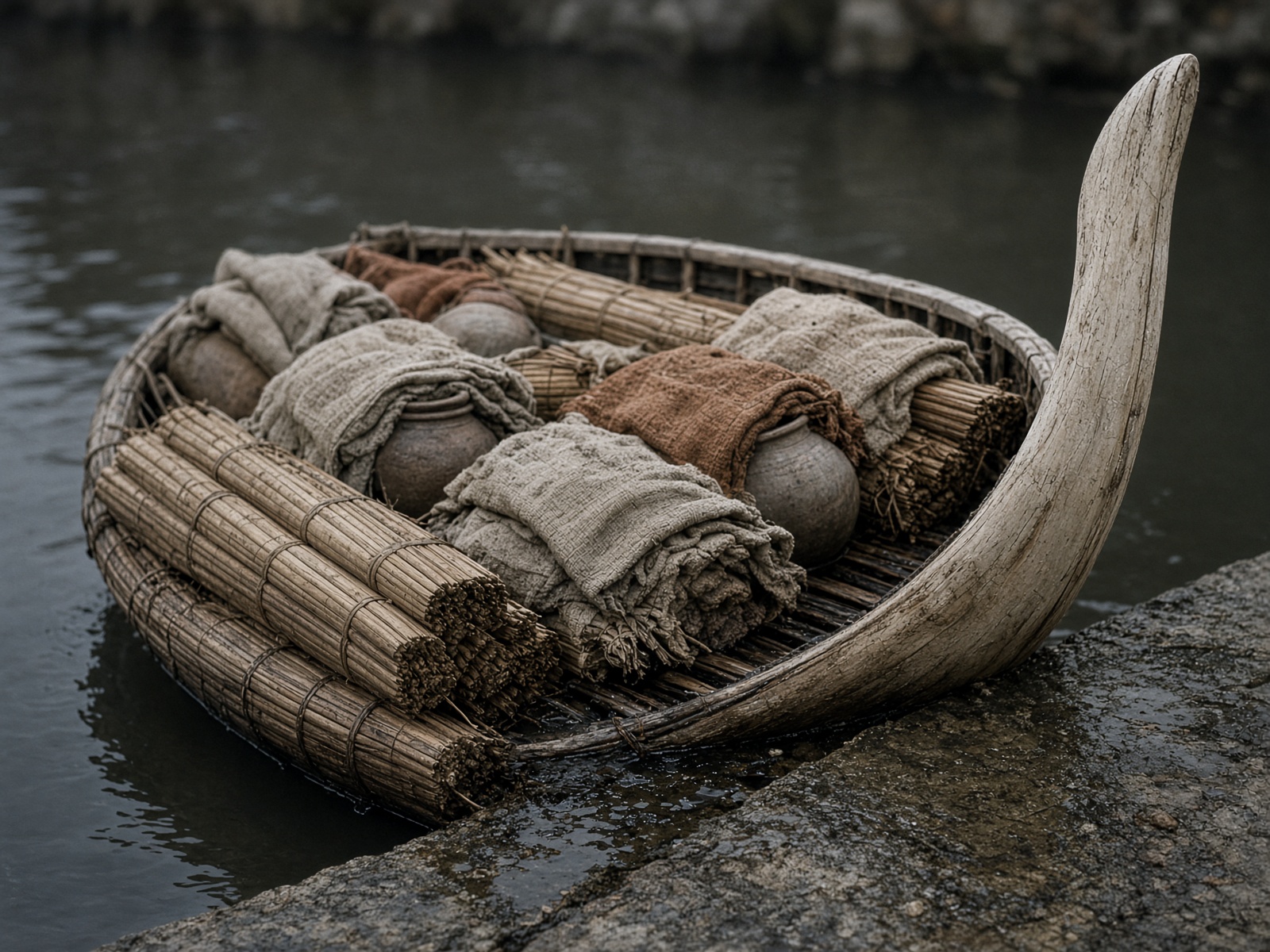 A loaded reed boat at a quay, cargo bundled in cloth and reed.