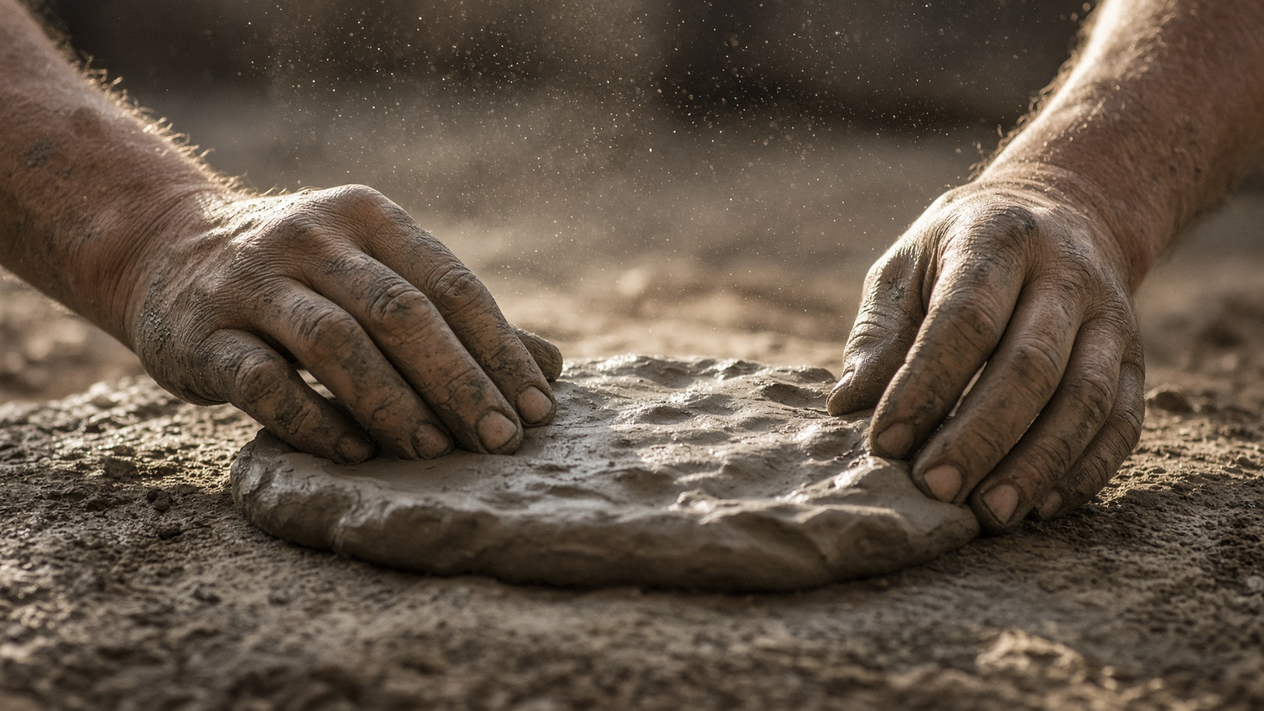 Hands patting wet clay flat, no writing impressed yet.