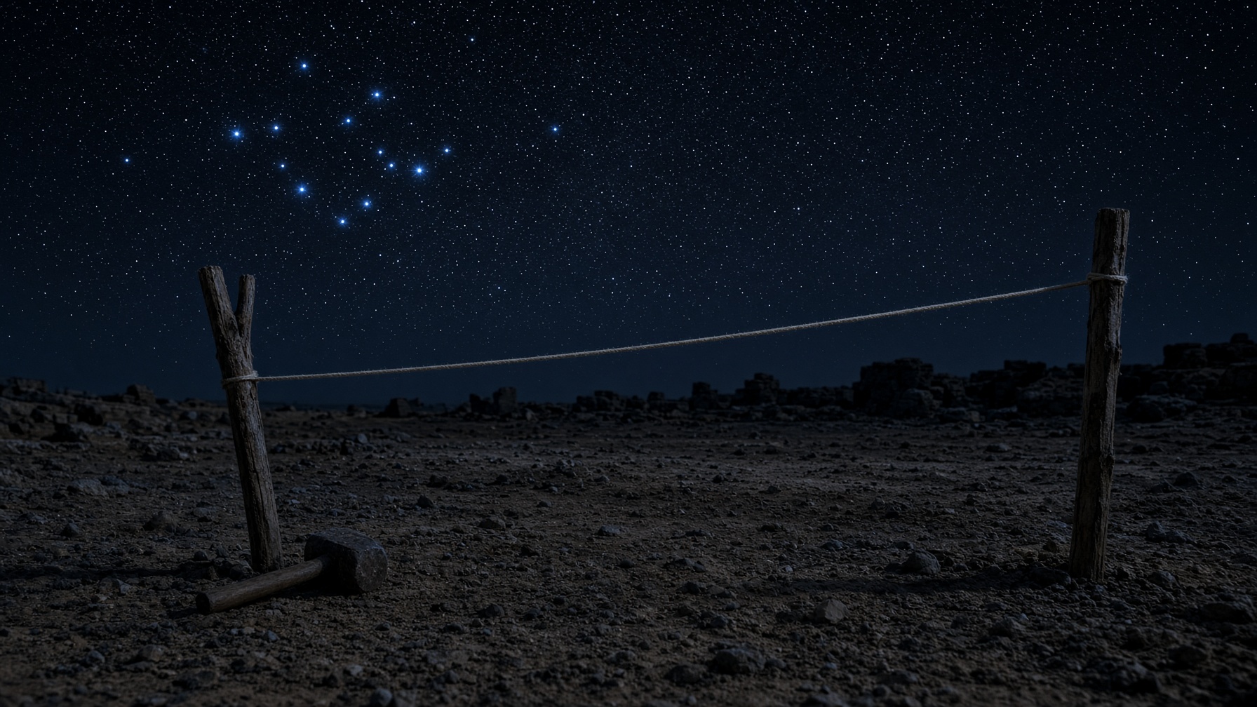 Two wooden stakes and a taut measuring cord on packed earth under stars.