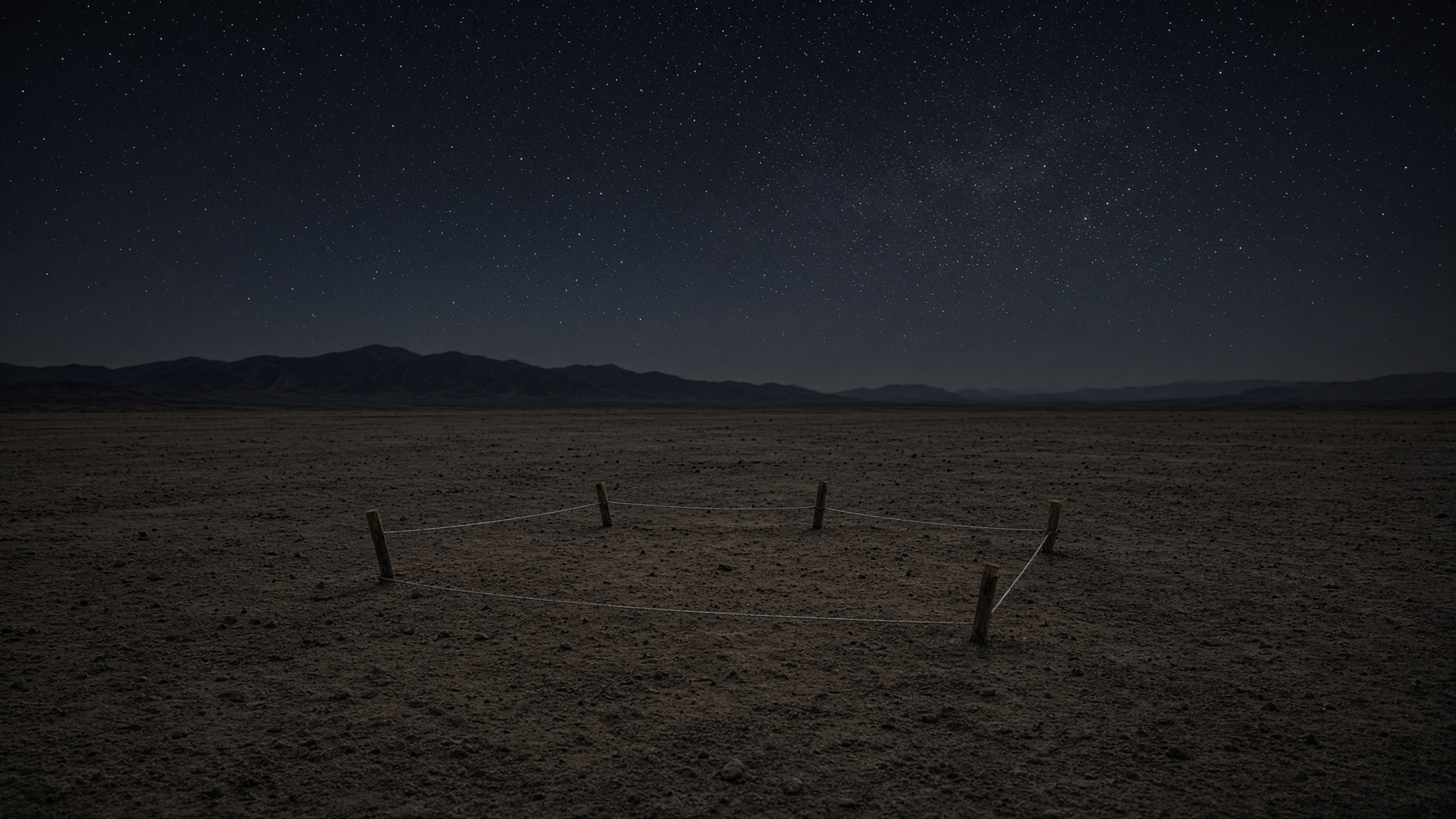 Four wooden stakes marking a rectangle on dark earth at night.