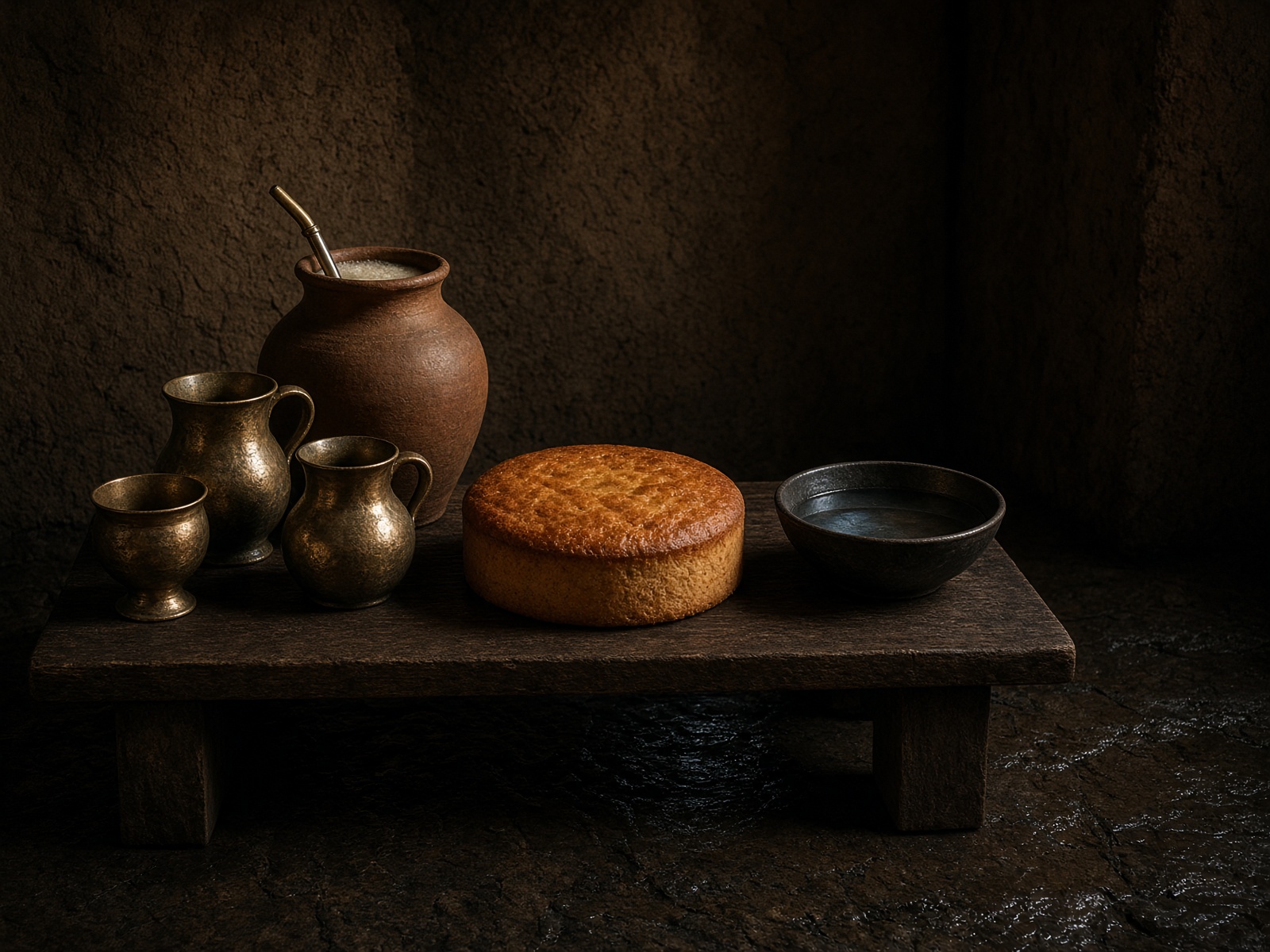 Bronze vessels, beer, butter cake and cool water in lamplight.