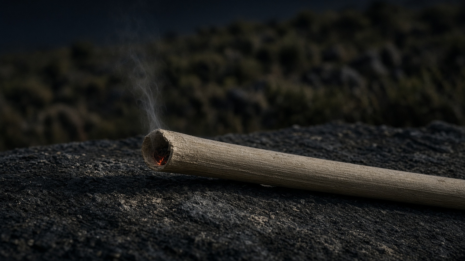 A hollow fennel stalk on dark stone, an ember hidden in the pith.