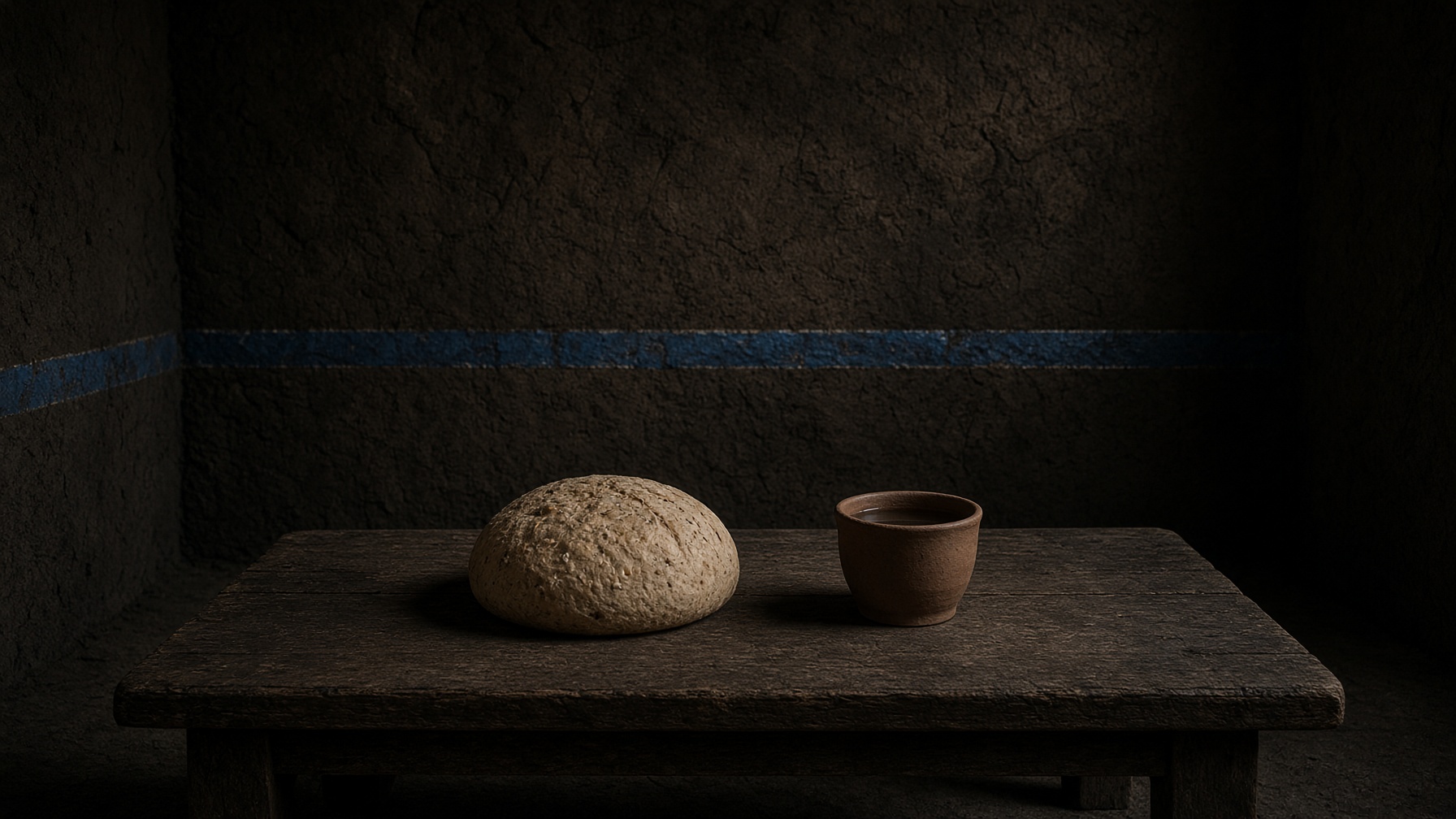 A barley loaf and a clay cup of water on a low table, untouched.