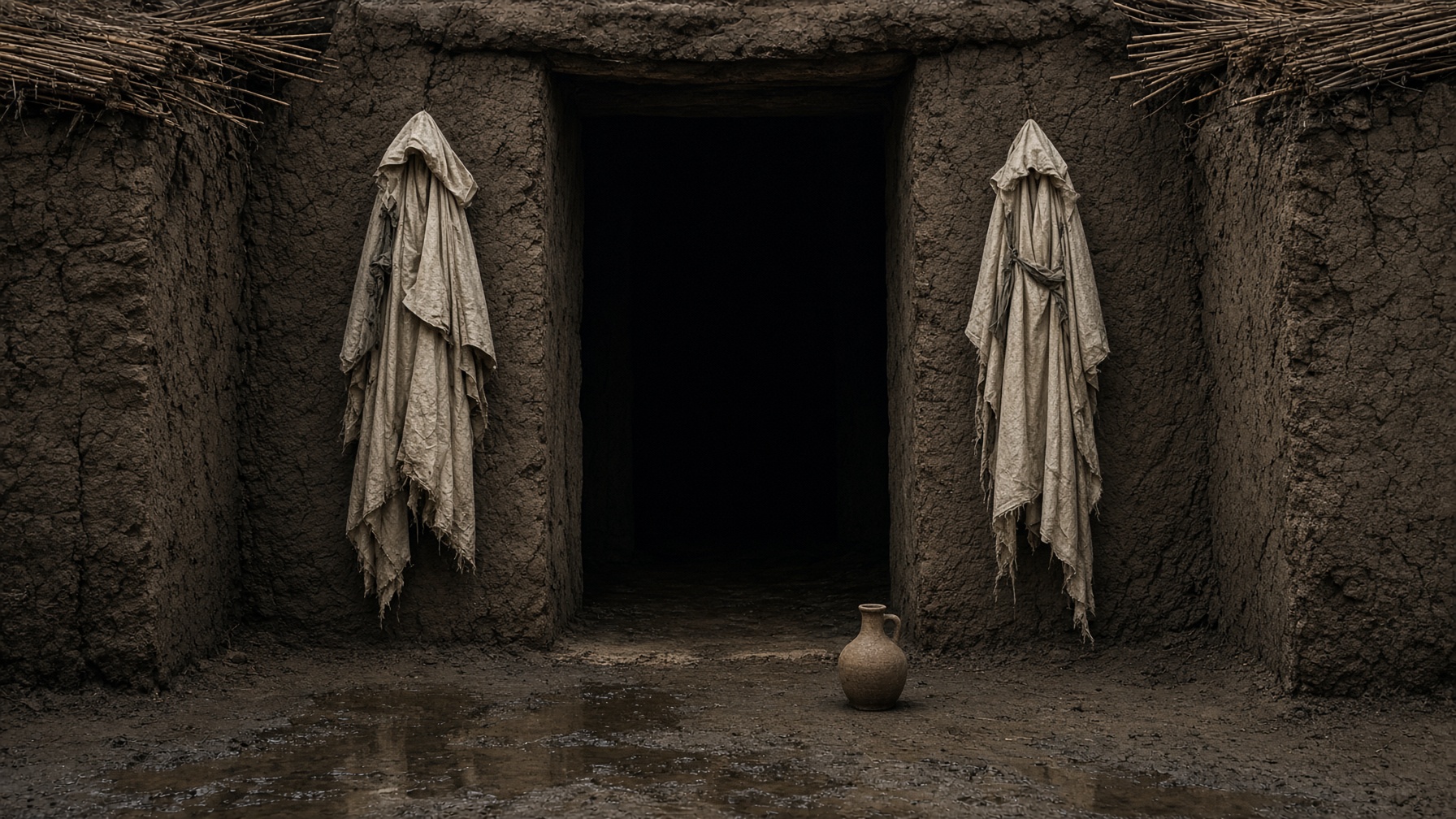 A mudbrick threshold in shadow, mourning cloth on the posts, an oil flask on the earth.