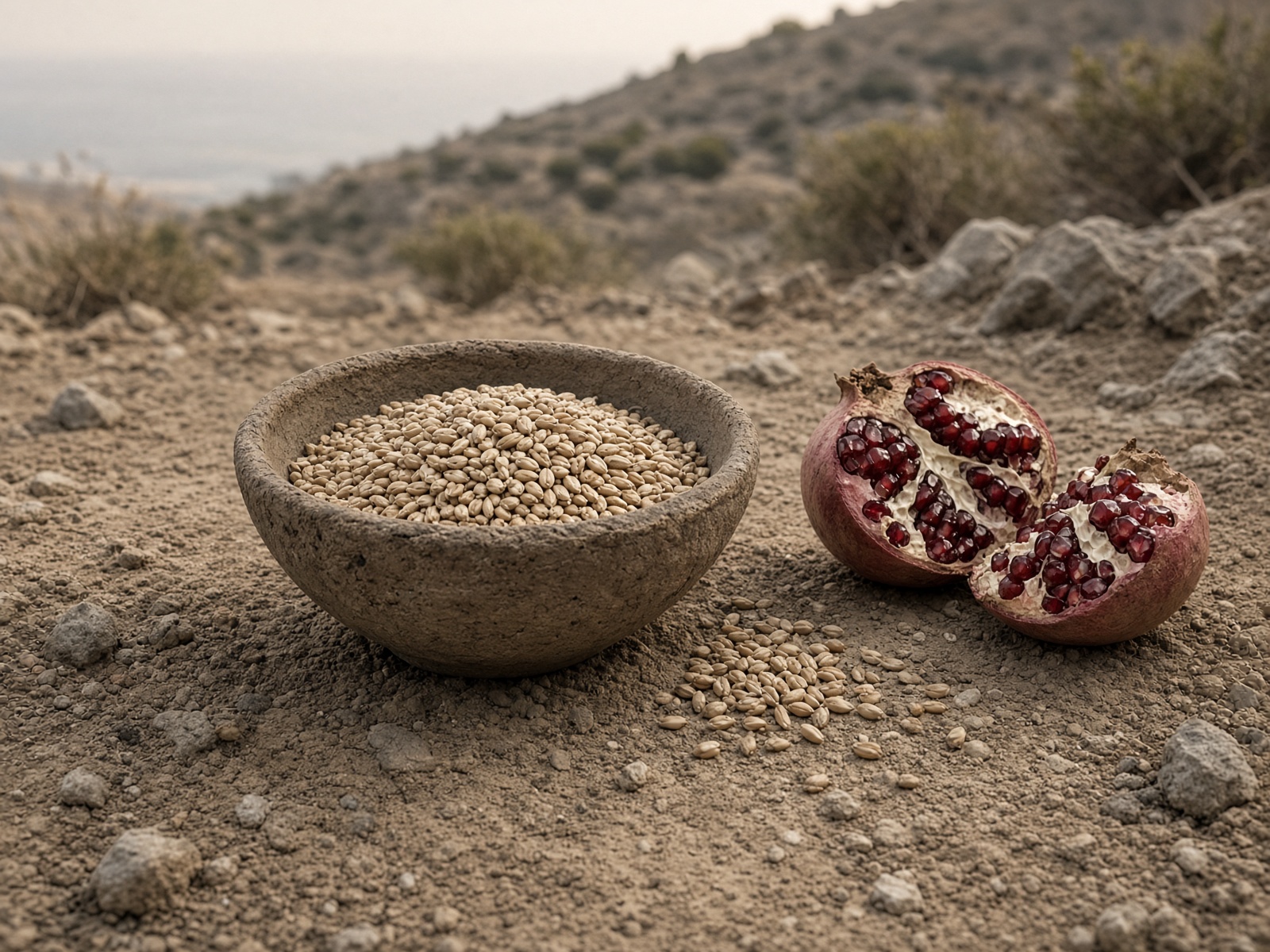 A shallow clay bowl of barley and wheat on dry earth.