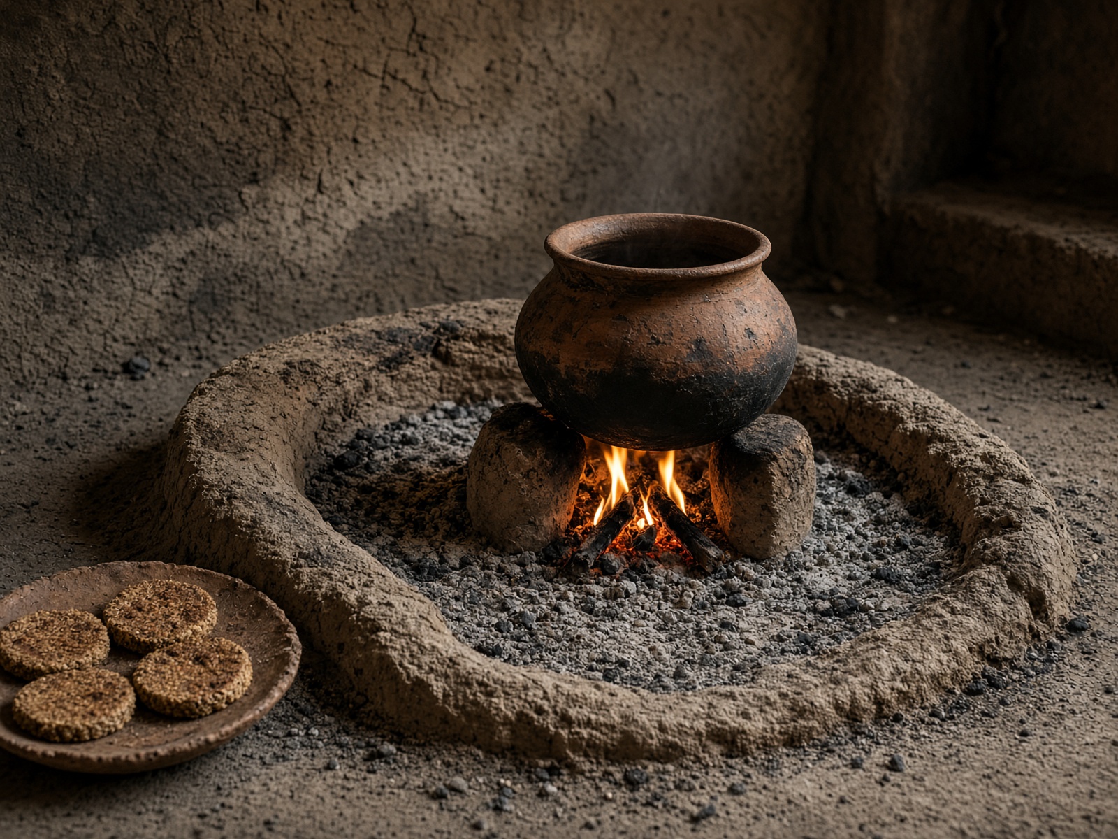 A packed-earth cooking hearth, ash, a clay pot, barley cakes.