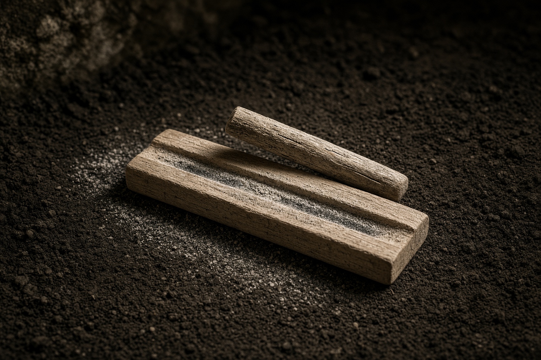 Two dry sticks for a fire-plough, a groove darkened with ash, on packed earth.