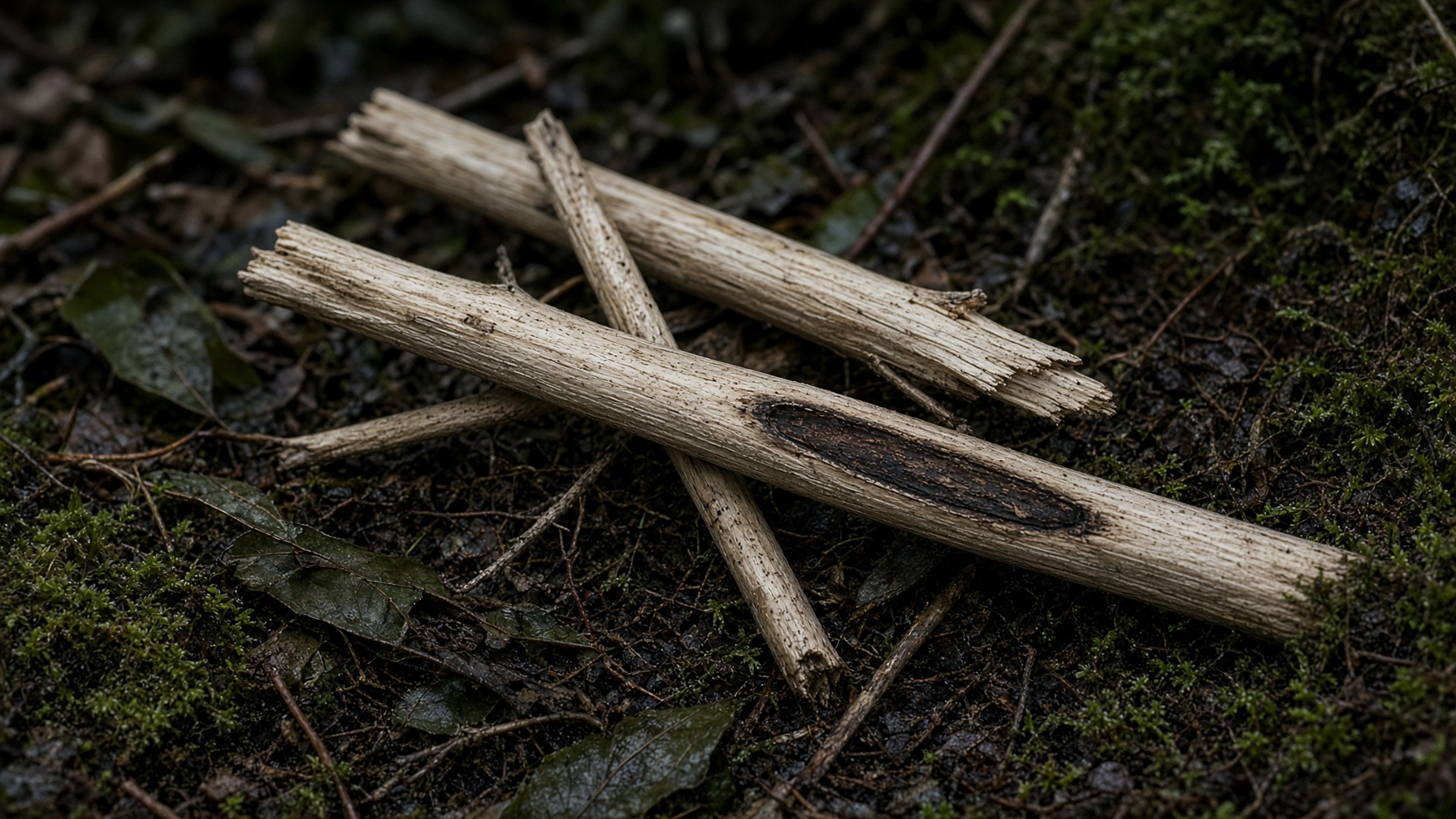 Pale dry hardwood sticks on a dark forest floor, one grooved by rubbing.