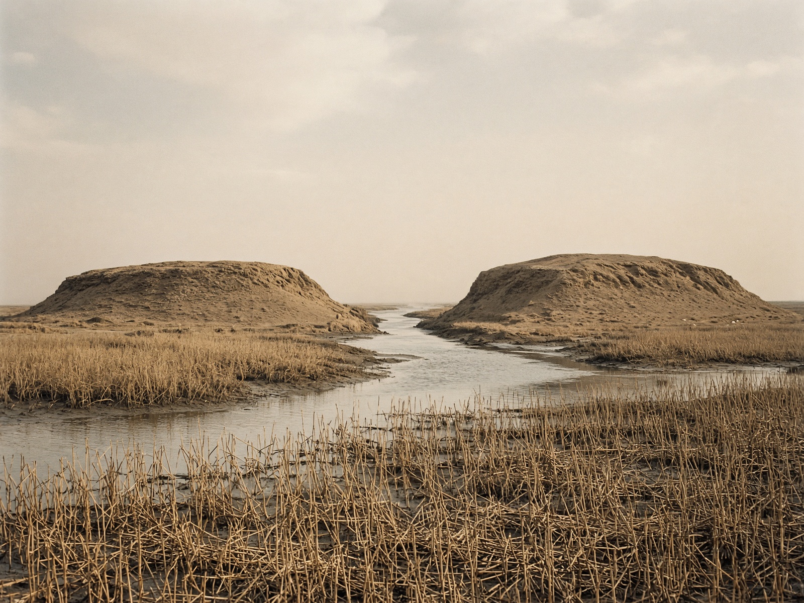 Two low mounds on an alluvium where freshwater meets marsh.
