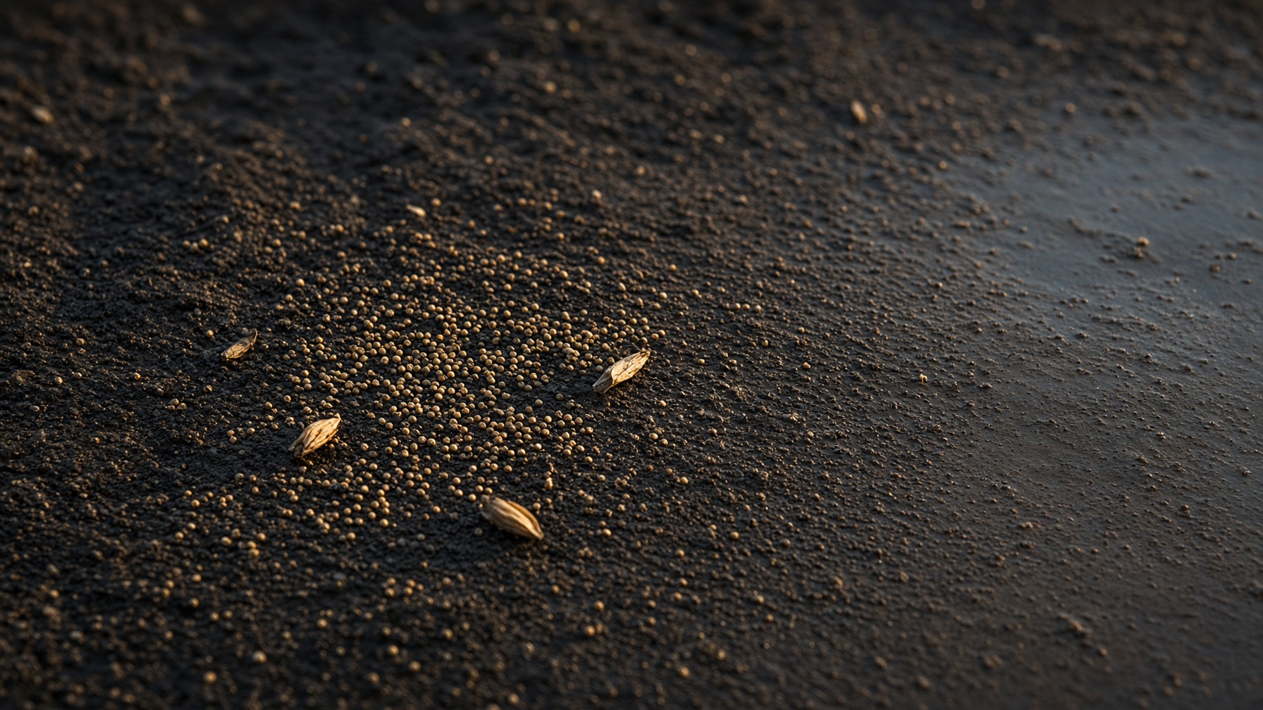 Millet grains scattered on packed dark earth, as if they had fallen.