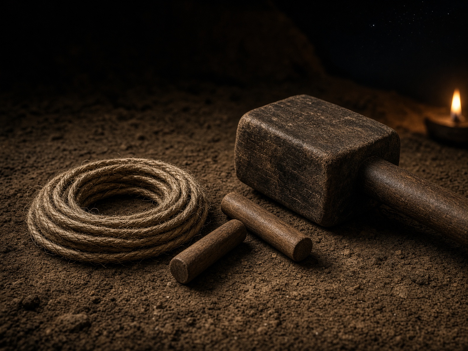 A coiled flax cord, wooden pegs and a mallet on packed earth.
