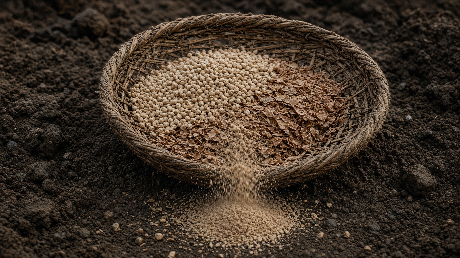 A coarse woven sieve holding barley groats, meal falling through onto packed earth.