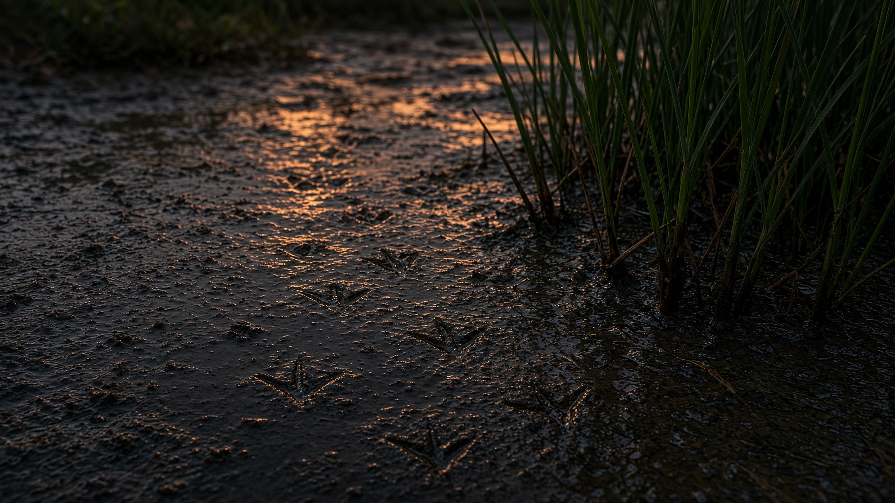 Bird and beast tracks pressed into wet silt at a reed edge, dusk.