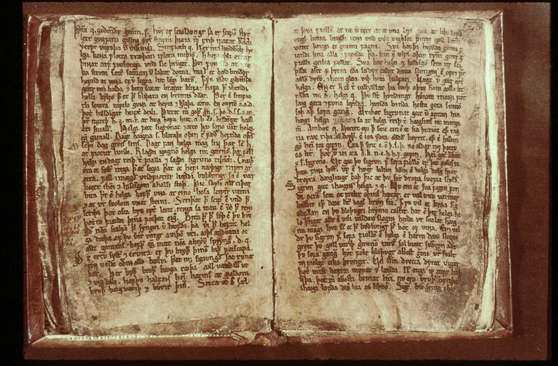Codex Regius open on two vellum pages of medieval Icelandic script.
